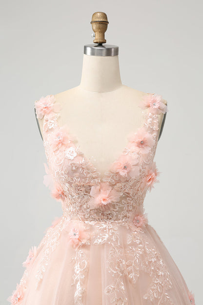 Cute Blush A Line V Neck Sequin Corset Short Homecoming Dress with Appliques