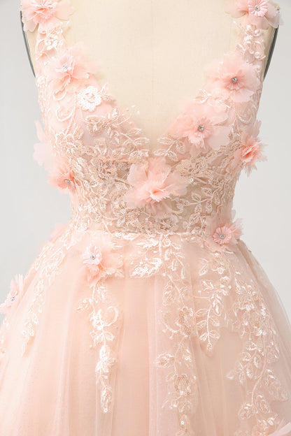 Cute Blush A Line V Neck Sequin Corset Short Homecoming Dress with Appliques