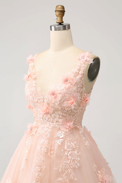 Cute Blush A Line V Neck Sequin Corset Short Homecoming Dress with Appliques