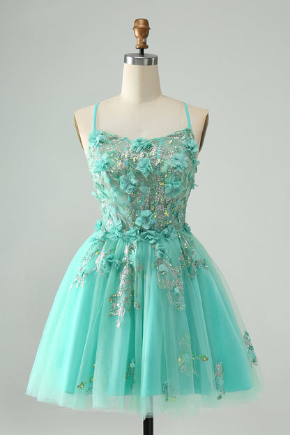 Cute Green A Line Spaghetti Straps Corset Short Homecoming Dress with Appliques