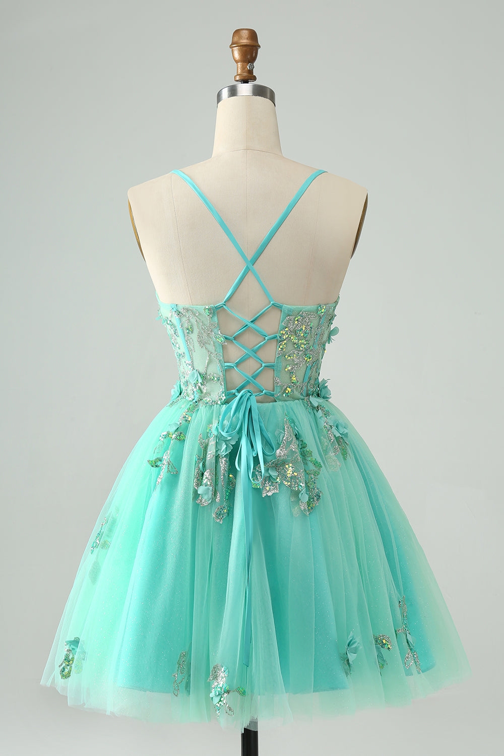 Cute Green A Line Spaghetti Straps Corset Short Homecoming Dress with Appliques