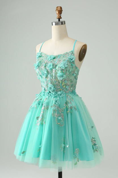 Cute Green A Line Spaghetti Straps Corset Short Homecoming Dress with Appliques