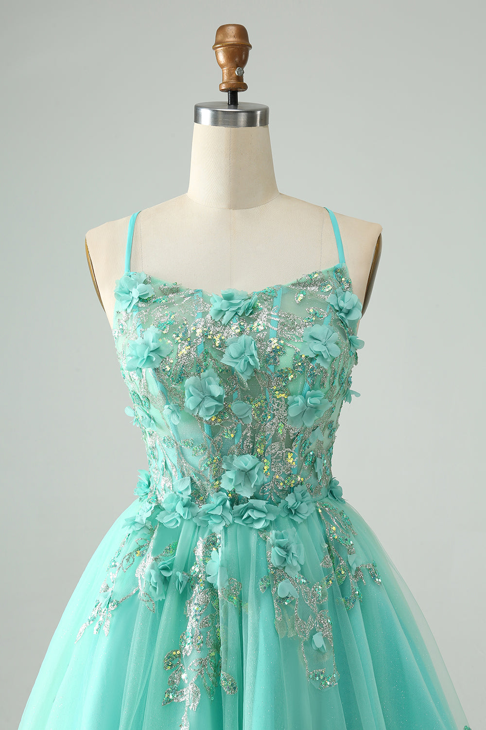 Cute Green A Line Spaghetti Straps Corset Short Homecoming Dress with Appliques