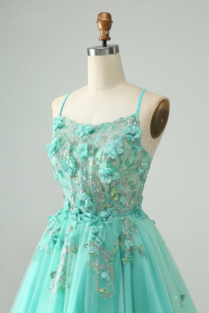 Cute Green A Line Spaghetti Straps Corset Short Homecoming Dress with Appliques