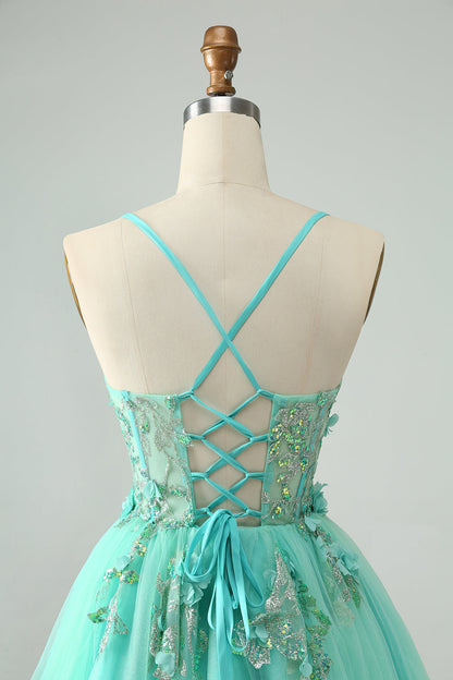 Cute Green A Line Spaghetti Straps Corset Short Homecoming Dress with Appliques