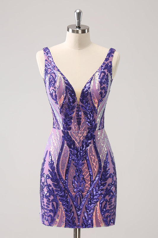 Sparkly Dark Purple Bodycon V Neck Backless Short Homecoming Dress with Sequins