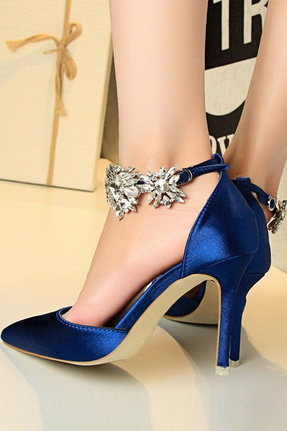 Silver Ankle Strap Prom Heels with Crystals