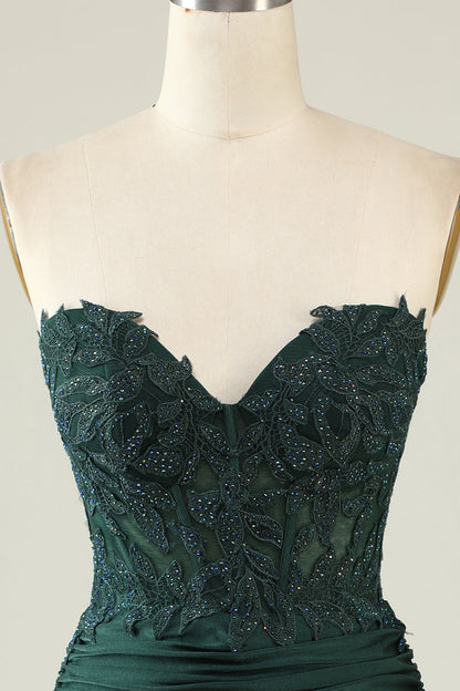 Dark Green Bodycon Strapless Applique Short Homecoming Dress with Beading