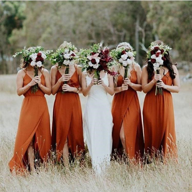 Roycebridal Simple Sleeveless V Neck Burnt Orange Bridesmaid Dresses