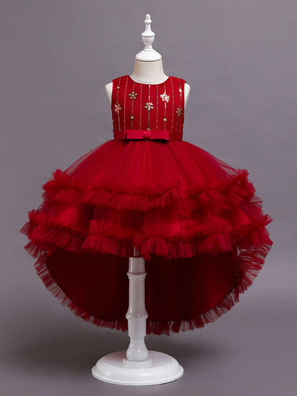 A-Line Jewel Neck Sleeveless Red Bows Polyester Sequined Tulle Polyester Cotton Kids Social Party Dresses Princess Dress-showprettydress