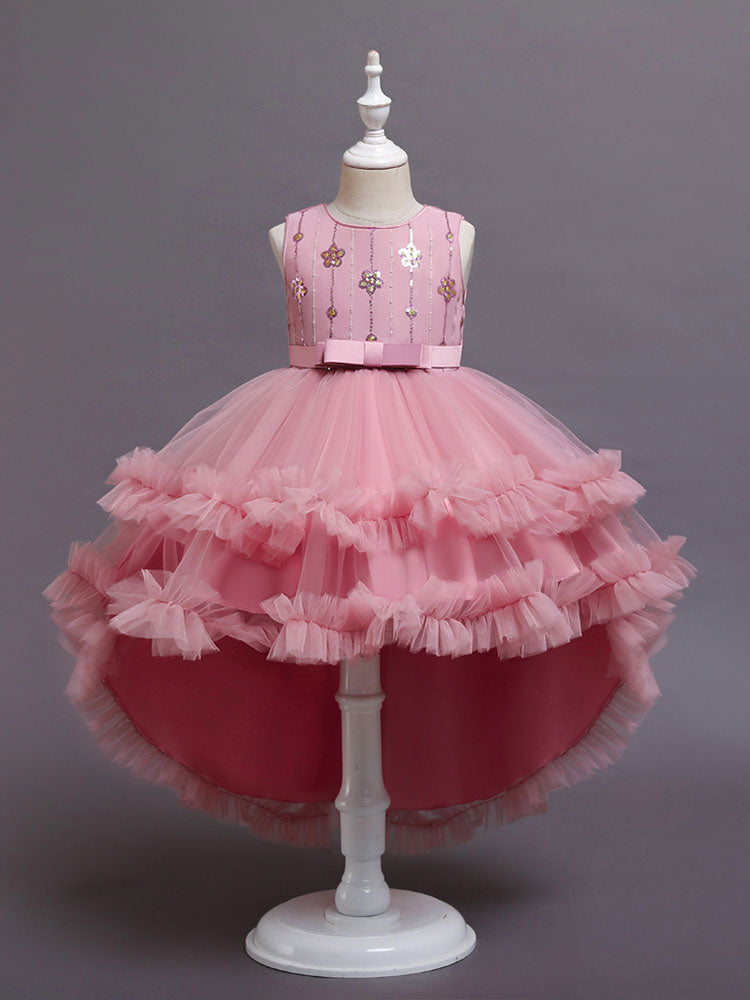 A-Line Jewel Neck Sleeveless Red Bows Polyester Sequined Tulle Polyester Cotton Kids Social Party Dresses Princess Dress-showprettydress