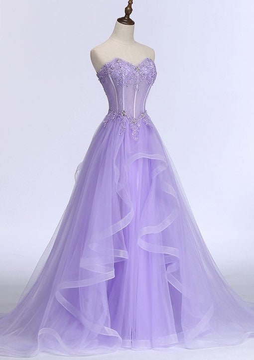 Roycebridal Kaitlyn | A-line Sweetheart Sleeveless Sweep Train Tulle Prom Dress With Beading Appliqued