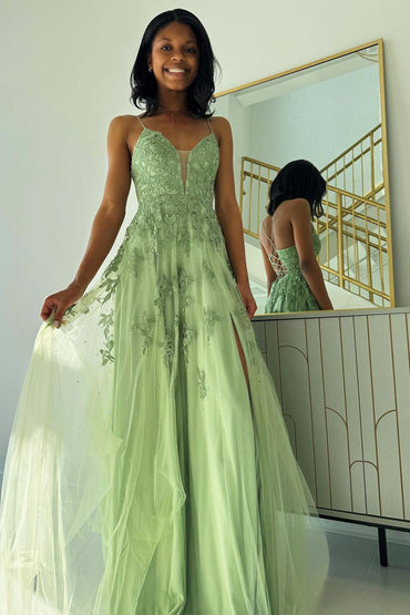 Roycebridal Sage Green V Neck Tulle A-Line Long Prom Dresses with Appliques