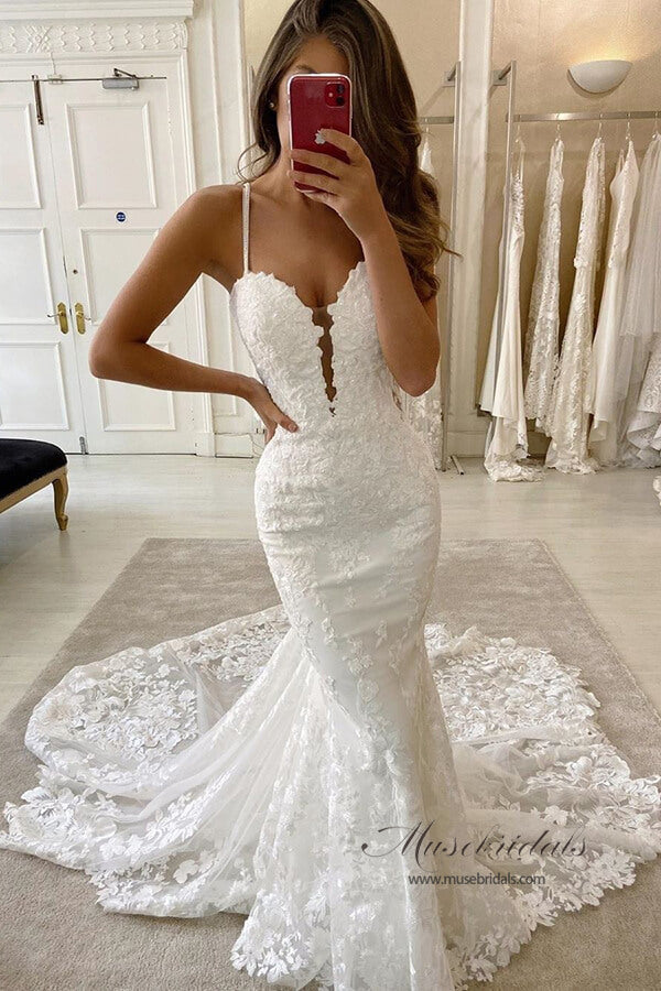 Mermaid Spaghetti Straps Deep V Neck Wedding Dress With Chanpel Train, MW516 | mermaid wedding dresses | lace wedding dresses | cheap wedding dresses | bridal gowns | bridal dresses | www.musebridals.com