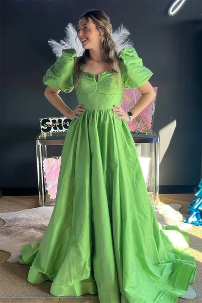 Roycebridal Aurora | Green Ruffled Puff Sleeves Satin Long Prom Dress