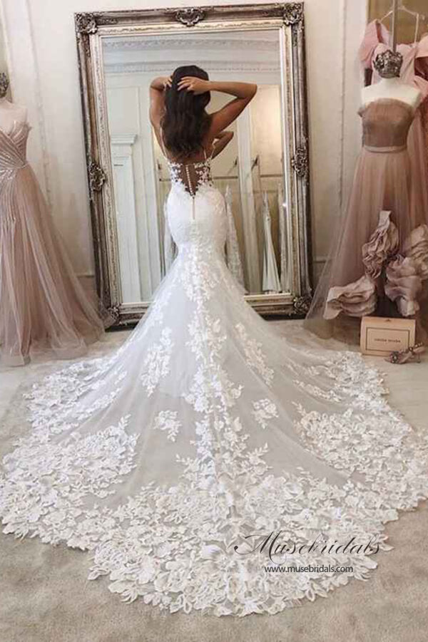 Mermaid Spaghetti Straps Deep V Neck Wedding Dress With Chanpel Train, MW516 | ivory wedding dresses | mermaid wedding dress | lace wedding dresses | wedding gowns | www.musebridals.com