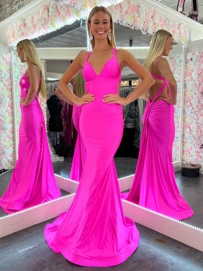 Roycebridal Angela |Mermaid Pink V Neck Backless Satin Long Prom Dress