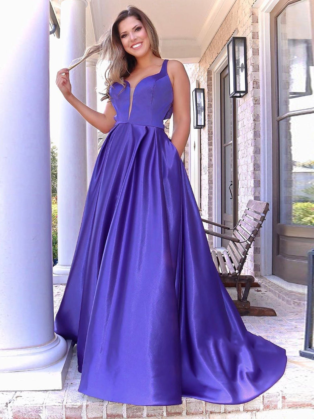 Roycebridal A Line V Neck Long Purple Prom Dress