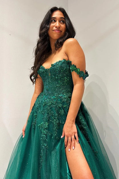 Roycebridal Elliana | Glitter Emerald Appliques Off-the-Shoulder A-Line Long Prom Dress