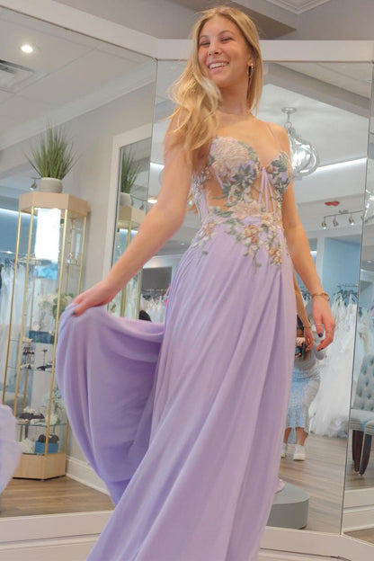 Roycebridal Lilac Sweetheart Chiffon Long Prom Dresses with Appliques