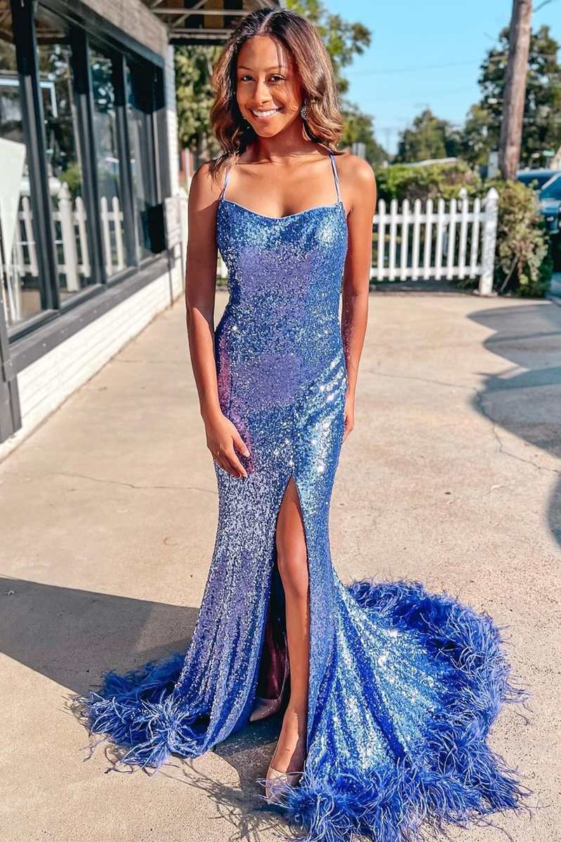 Roycebridal Annie | Blue Sequin Feather Lace-Up Back Mermaid Long Prom Dress with Slit