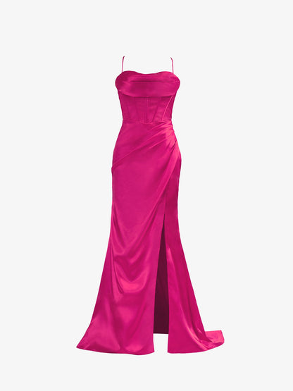 Roycebridal Aaliyah| Hot Pink Spaghetti Straps Satin Mermaid Prom Dress with Slit