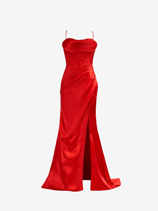 Roycebridal Aaliyah| Red Spaghetti Straps Satin Mermaid Prom Dress with Slit