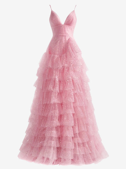 Roycebridal Alianna | Light Pink A-Line Tiered Spaghetti Straps Tulle Prom Dress