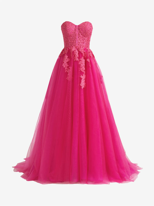 Roycebridal Amora | Hot Pink A-Line Tulle Lace Strapless Long Prom Dress