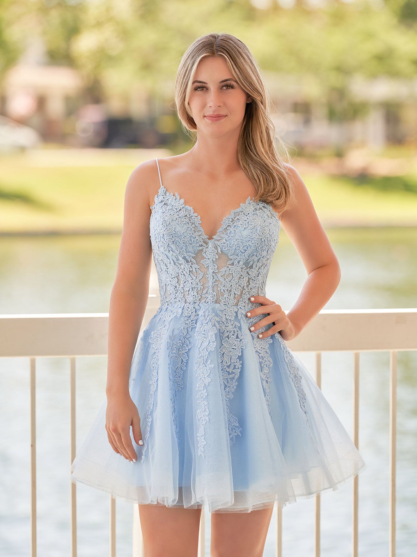 Anisia | A-Line Spaghetti-Straps Sky Blue Lace Homecoming Dress With Appliques