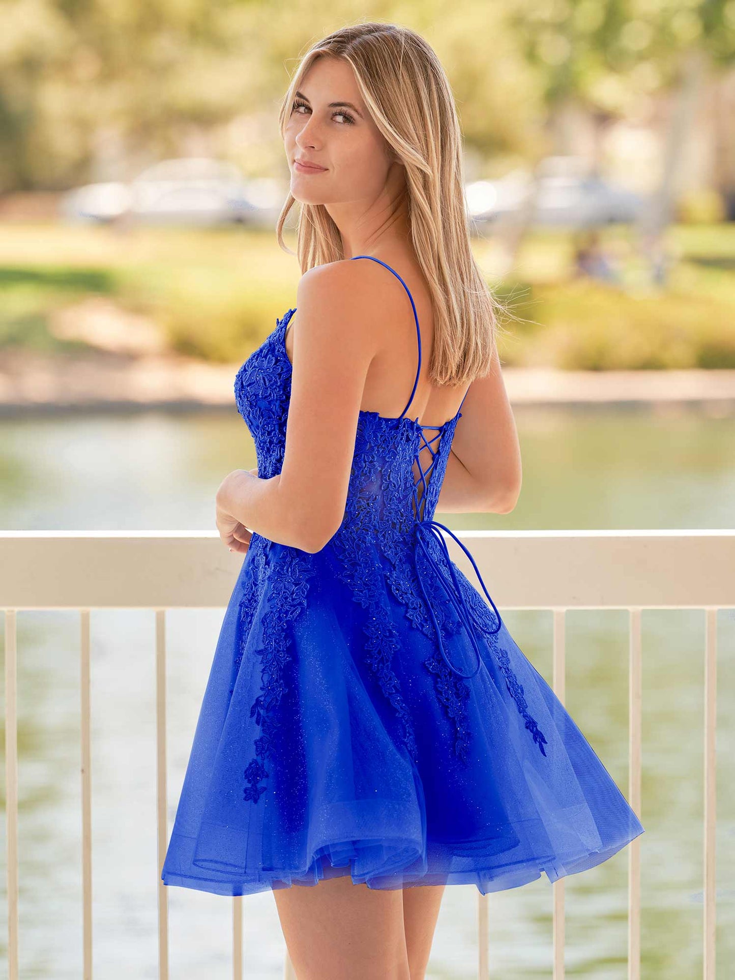 Anisia | A-Line Spaghetti-Straps Sky Blue Lace Homecoming Dress With Appliques