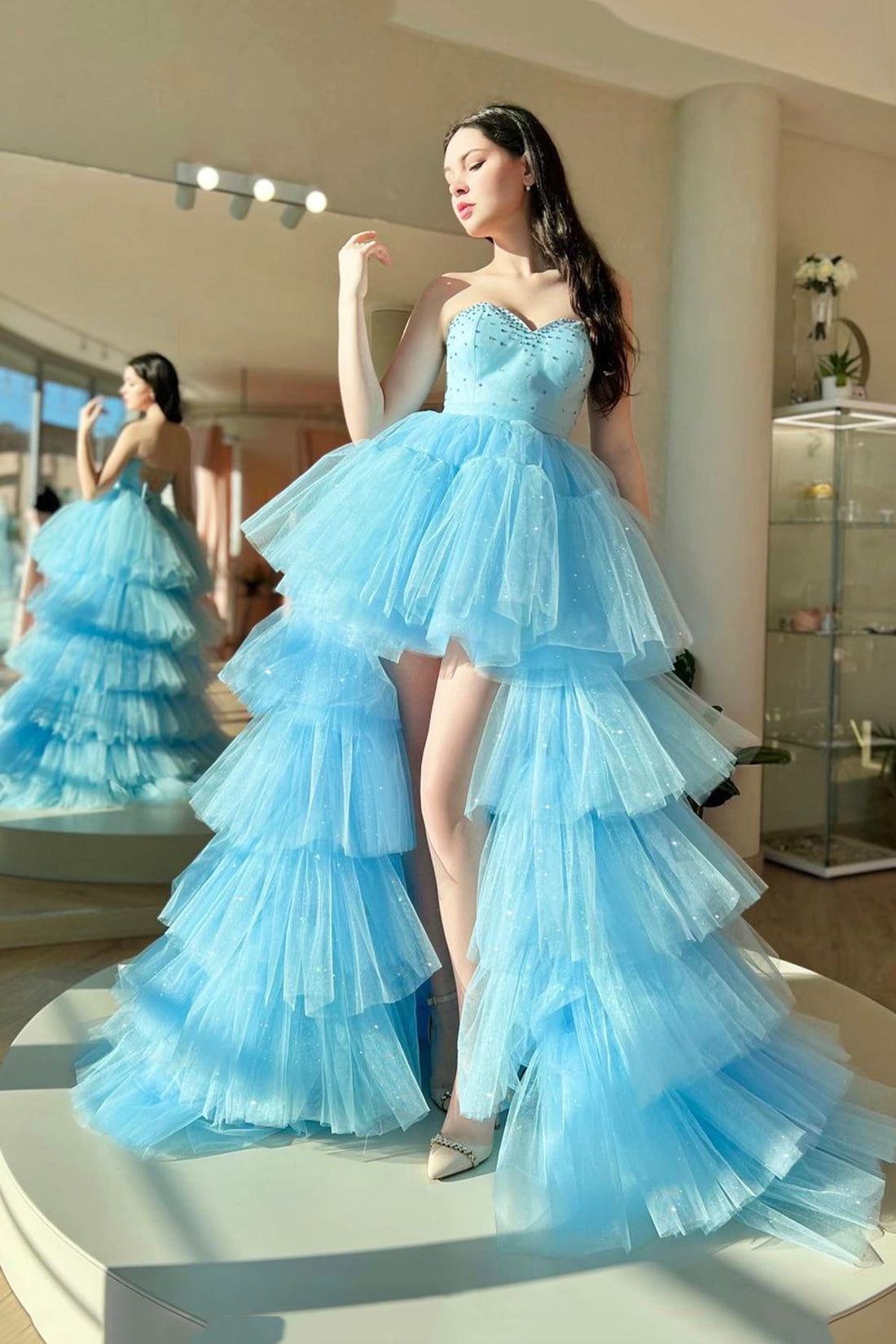 Roycebridal Aleena | Blue Sweetheart Neck Tulle Long Prom Dress, Beautiful A-Line High Low Party Dress