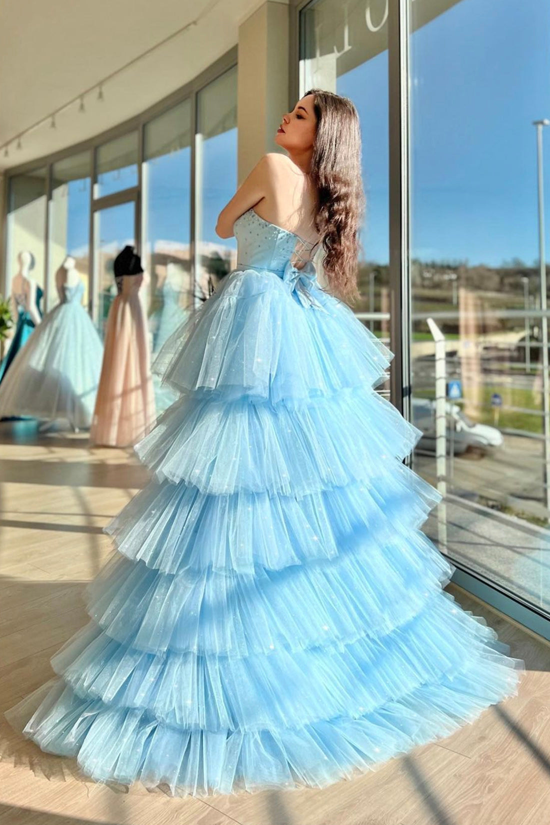 Roycebridal Aleena | Blue Sweetheart Neck Tulle Long Prom Dress, Beautiful A-Line High Low Party Dress