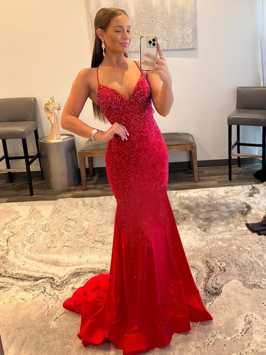 Roycebridal Malia |Mermaid V Neck Red Glitter Satin Prom Dress