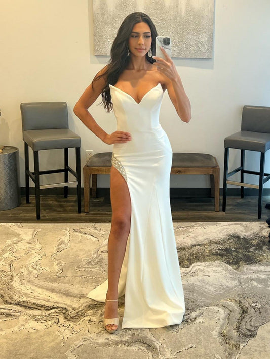 Roycebridal White Strapless V Neck Long Prom Dress With Slit