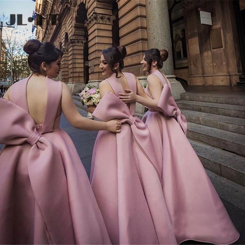 A Line High Neck Satin Bridesmaid Dresses Sleeveless with Bowknot