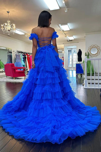 Roycebridal Adalynn | Royal Blue Off the Shoulder Ruffle Tiered Tulle Long Prom Dresses with Slit