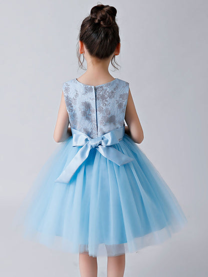 Baby Blue Jewel Neck Sleeveless Bows Tulle Polyester Kids Party Dresses-showprettydress