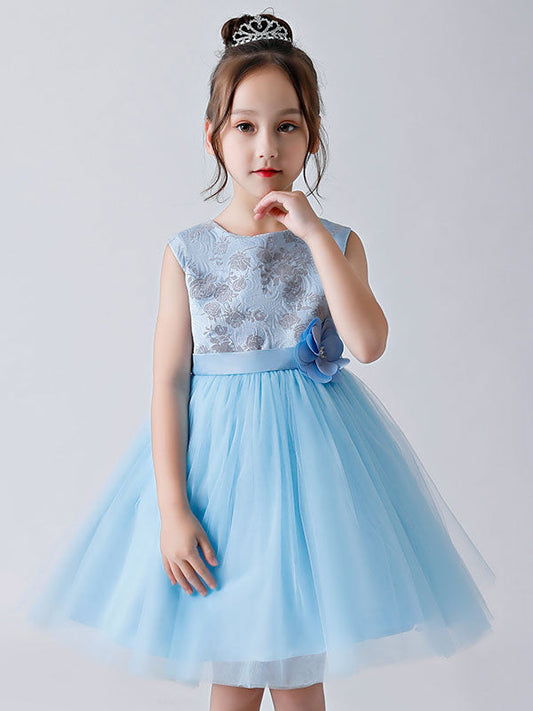 Baby Blue Jewel Neck Sleeveless Bows Tulle Polyester Kids Party Dresses-showprettydress