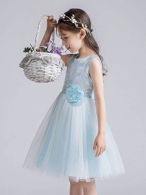 Baby Blue Jewel Neck Tulle Sleeveless Short Princess Dress Bows Kids Social Party Dresses-showprettydress