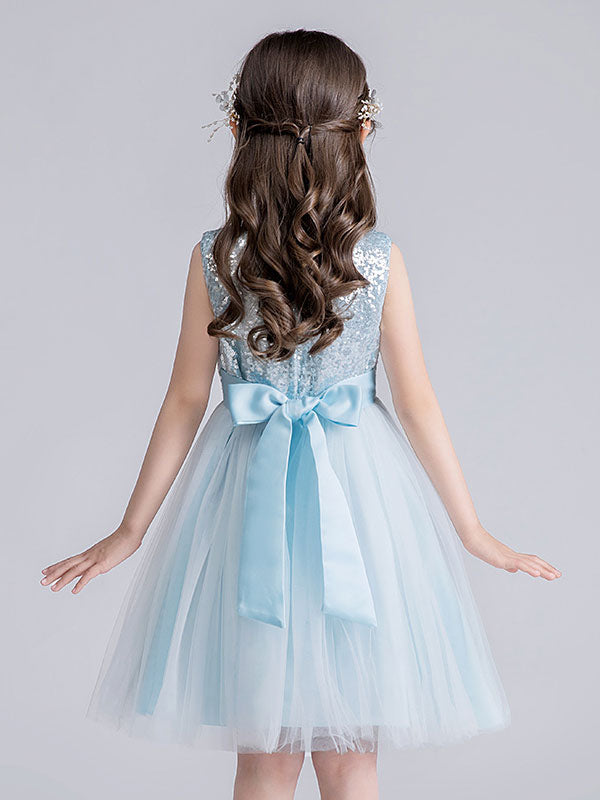 Baby Blue Jewel Neck Tulle Sleeveless Short Princess Dress Bows Kids Social Party Dresses-showprettydress