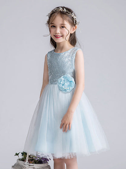 Baby Blue Jewel Neck Tulle Sleeveless Short Princess Dress Bows Kids Social Party Dresses-showprettydress