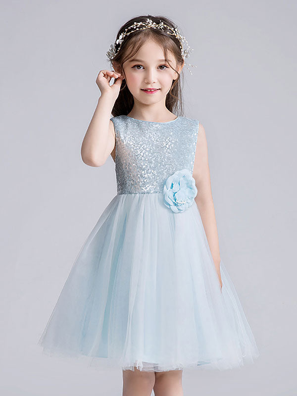 Baby Blue Jewel Neck Tulle Sleeveless Short Princess Dress Bows Kids Social Party Dresses-showprettydress