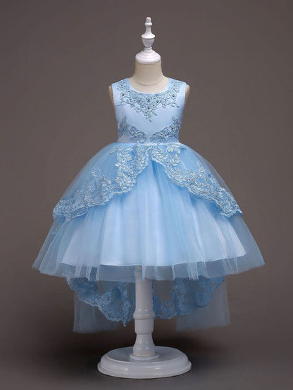 Baby Blue Lace Tulle Princess Tutu Embroidered Kids Ball Gown Dress-showprettydress