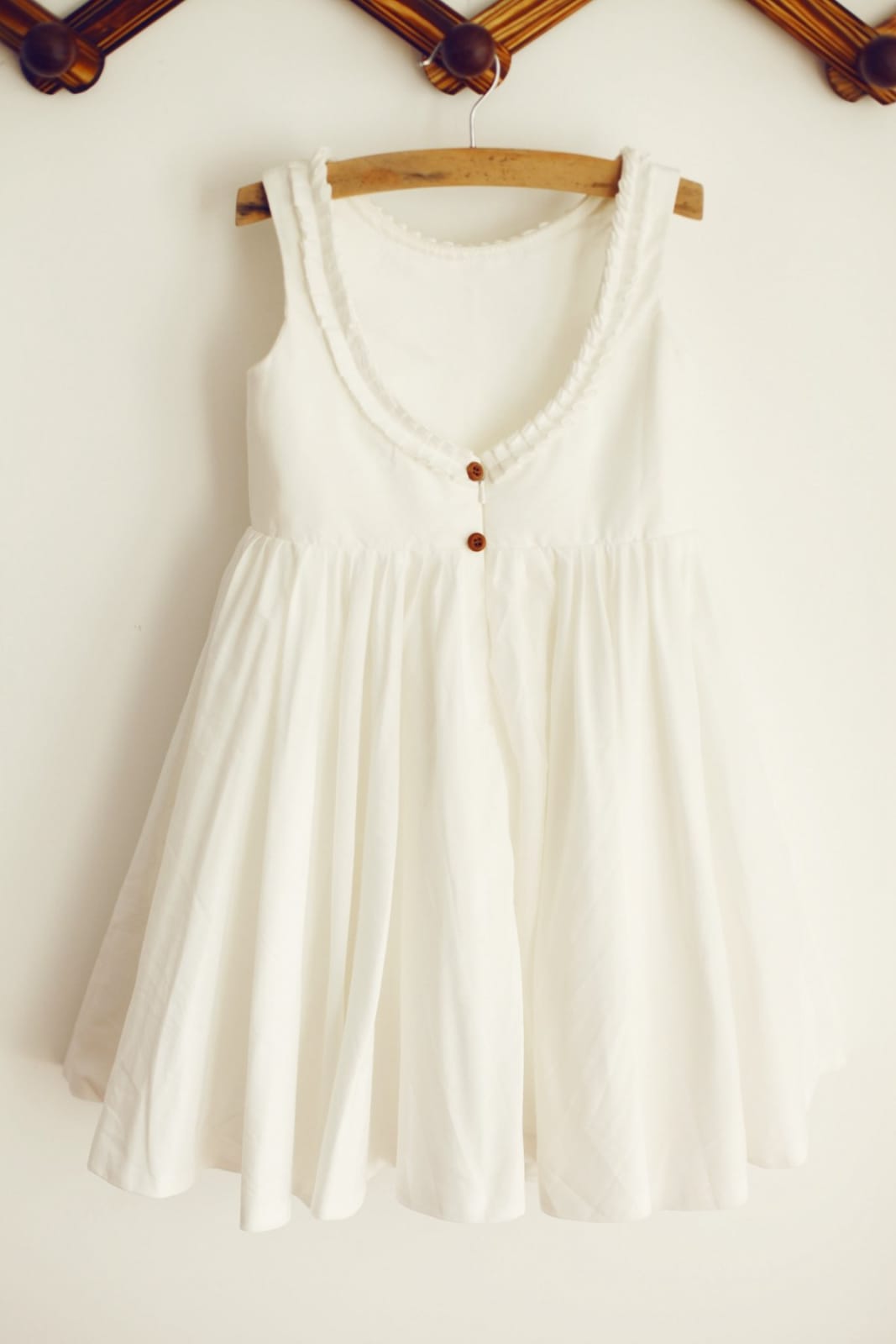 U Back Ivory Cotton Ruffle Neckline Flower Girl Dress