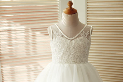 V Back Ivory Lace Tulle Wedding Flower Girl Dress