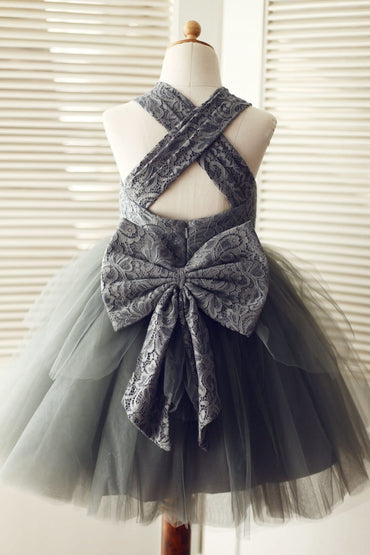 Backless Gray Lace Tulle Flower Girl Dress with Big Bow