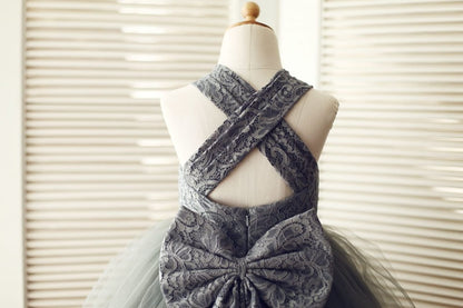 Backless Gray Lace Tulle Flower Girl Dress with Big Bow