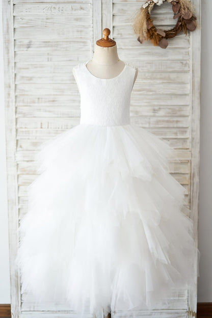 Backless Ivory Lace Ruffle Tulle Wedding Flower Girl Dress