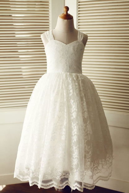 Backless Ivory Lace Wedding Flower Girl Dress